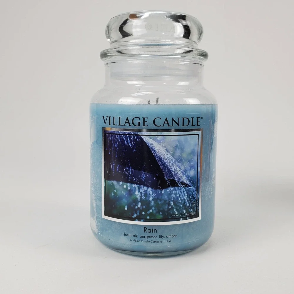 Village Candle Rain Large Glass Apothecary Jar 21.25 oz Dual Wick Blue Candle